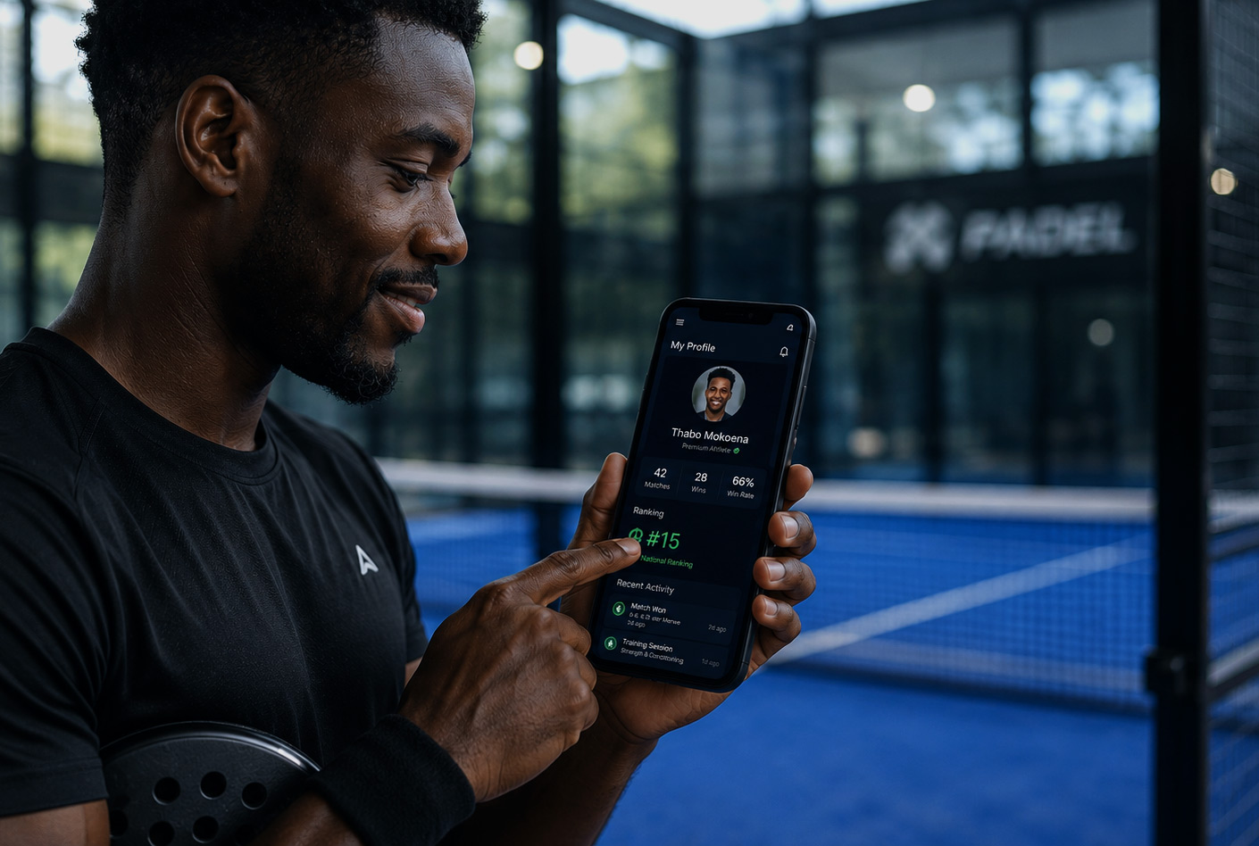 Padel player using Padeuce on a mobile phone beside the court